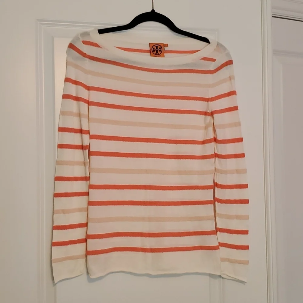 Tory Burch Sweater Long Sleeve Striped Knit Top Small Orange Cotton Nylon Blend